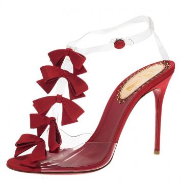 Pre Owned Christian Louboutin Red Satin and PVC Bow Bow Slingback Sandals Size 39