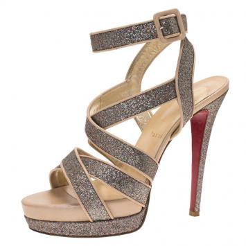 Pre Owned Christian Louboutin Silver Glitter Straratata Strappy Platform Sandals Size 39