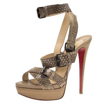 Pre Owned Christian Louboutin Beige Cobra Toutenkaboucle Strappy Platform Sandals Size 39.5