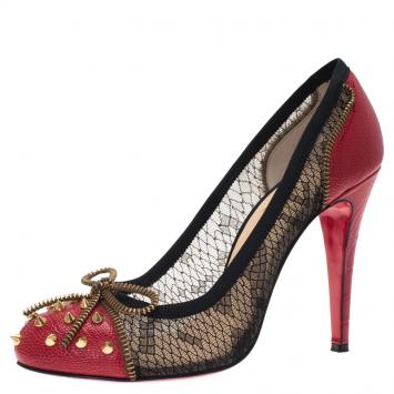 Pre Owned Christian Louboutin Red Spike Leather and Black Lace Candy Pumps Size 38.5