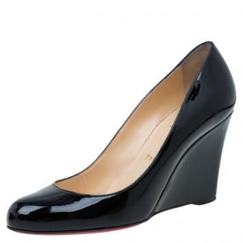Pre Owned Christian Louboutin Black Patent RonRon Zeppa Wedge Pumps Size 38.5