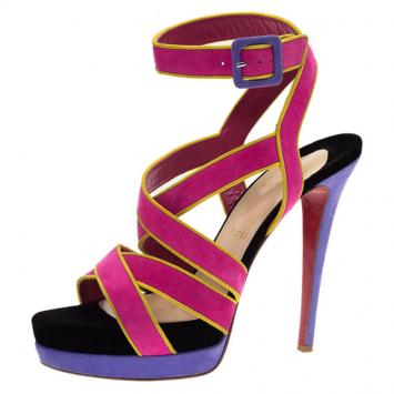 Pre Owned Christian Louboutin Multicolor Suede Straratata Strappy Platform Sandals Size 39
