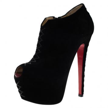 Pre Owned Christian Louboutin Black Suede Recouzetta Peep Toe Platform Ankle Boots Size 36.5