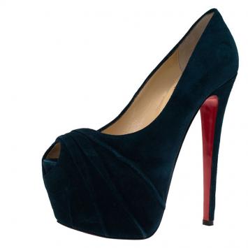 Pre Owned Christian Louboutin Blue Ruched Suede Drapesse Peep Toe Platform Pumps Size 36.5