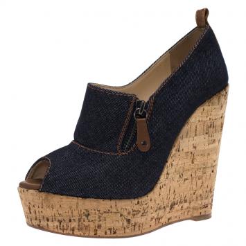 Pre Owned Christian Louboutin Blue Denim Debora Platform Cork Wedge Pumps Size 37