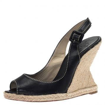 Pre Owned Christian Louboutin Black Leather You Love Slingback Espadrille Wedge Sandals Size 37