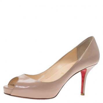 Pre Owned Christian Louboutin Beige Patent Mater Claude Peep Toe Pumps Size 37