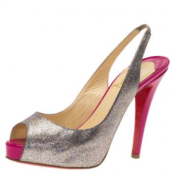 Pre Owned Christian Louboutin Silver Glitter N°Prive Peep Toe Slingback Sandals Size 35.5