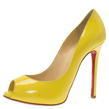 Pre Owned Christian Louboutin Yellow Patent Flo Peep Toe Pumps Size 37.5