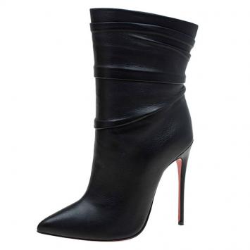 Pre Owned Christian Louboutin Black Ruched Leather Ishtar Mid Calf Boots Size 36.5