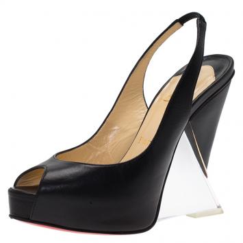 Pre Owned Christian Louboutin Black Leather Rosemin Plexi Wedge Sandals Size 36