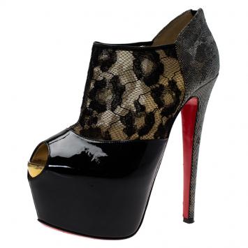 مملوكة مسبقًا Christian Louboutin Black Leather, Lace and Lamé Aeronotoc Peep Toe Platform Ankle Boots Size 36
