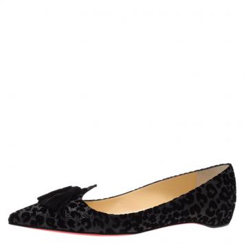 مملوكة مسبقًا Christian Louboutin Grey Leopard Flocked Glitter Velvet Gwalior Ballet Flats Size 38.5