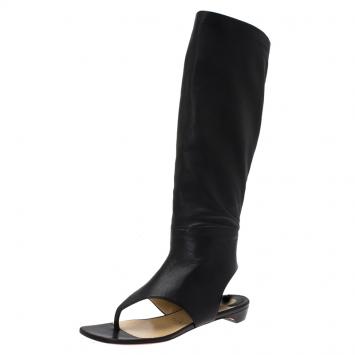 Pre Owned Christian Louboutin Black Leather From Sand Flat Knee Sandals Size 37.5