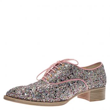 Pre Owned Christian Louboutin Multicolor Glitter Zazou Oxfords Size 37.5