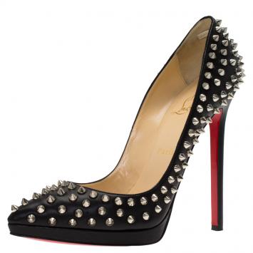 Pre Owned Christian Louboutin Black Leather Pigalle Plato Spikes Pumps Size 38