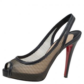 Pre Owned Christian Louboutin Black Fishnet Canne A Peche Slingback Sandals Size 39.5