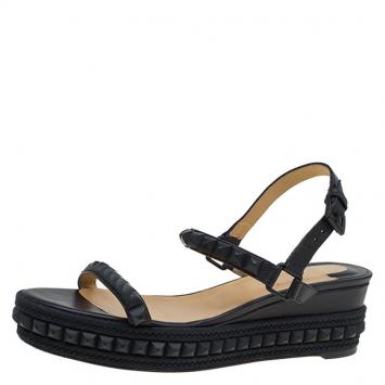 Pre Owned Christian Louboutin Black Studded Leather Cataclou Espadrille Wedge Sandals Size 40