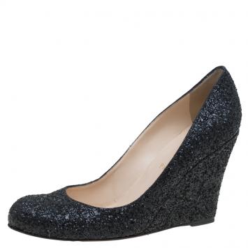 Pre Owned Christian Louboutin Black Coarse Glitter Miss Boxe Wedge Pumps Size 39