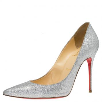 Pre Owned Christian Louboutin Silver Glitter Decollete 554 Pumps Size 38