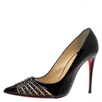 Pre Owned Christian Louboutin Black Patent Leather Spiked Bareta Pumps Size 40.5
