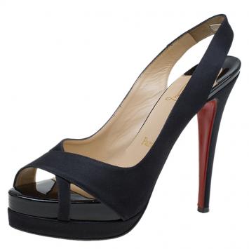 مملوكة مسبقًا Christian Louboutin Black Satin Very Croise Slingback Platform Sandals Size 38.5