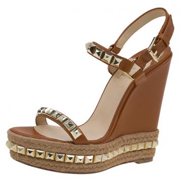 Pre Owned Christian Louboutin Brown Studded Leather Cataclou Espadrille Wedge Sandals Size 38