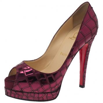 Pre Owned Christian Louboutin Purple Satin Mosaic Sobek Peep Toe Pumps Size 37.5