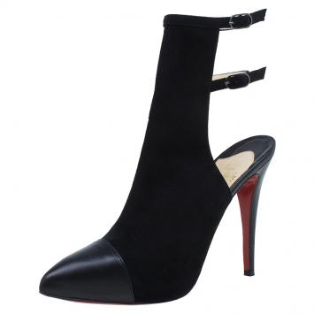 Pre Owned Christian Louboutin Black Suede Double Strap Back Cap Toe Booties Size 39.5