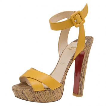 Pre Owned Christian Louboutin Yellow Leather Criss Cross Ankle Strap Platform Sandals Size 36