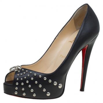 Pre Owned Christian Louboutin Black Studded Leather Peep Toe Pumps Size 39.5