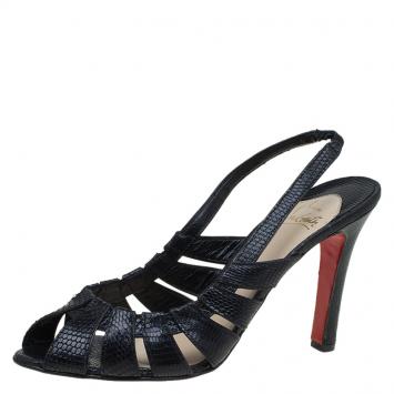 Pre Owned Christian Louboutin Black Embossed Snakeskin Leather Slingback Sandals Size 40.5