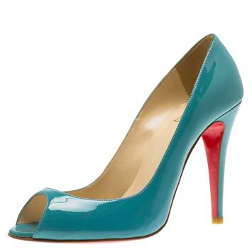 Pre Owned Christian Louboutin Aquamarine Blue Patent 'Sexy' Peep Toe Pumps Size 37.5
