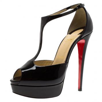 Pre Owned Christian Louboutin Black Patent Jilopa T Strap Platform Sandals Size 38.5