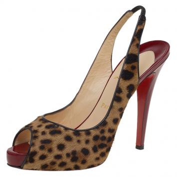 Pre Owned Christian Louboutin Leopard Print Pony Hair Peep Toe Slingback Sandals Size 40