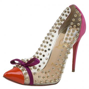 Pre Owned Christian Louboutin Multicolor PVC Suede and Patent Studded Bille Et Boule Pumps Size 37