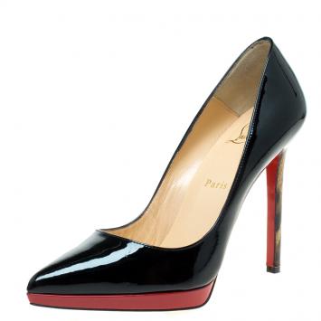 Pre Owned Christian Louboutin Black/Leopard Print Patent Pigalle Plato Pumps Size 38.5