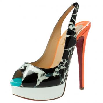 Pre Owned Christian Louboutin Multicolor Printed Patent Lady Peep Toe Platform Slingback Sandals Size 36.5