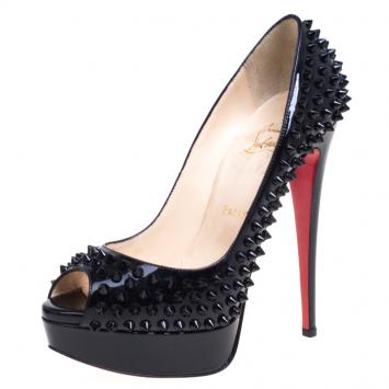 Pre Owned Christian Louboutin Black Patent Lady Peep Toe Spike Platform Pumps Size 38