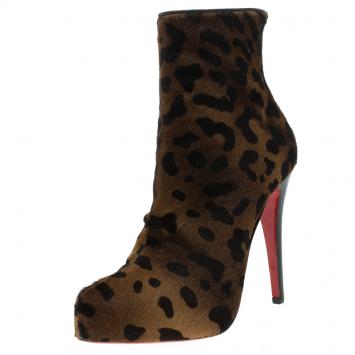 Pre Owned Christian Louboutin Leopard Print Calf Hair Fifi Platform Ankle Boots Size 38
