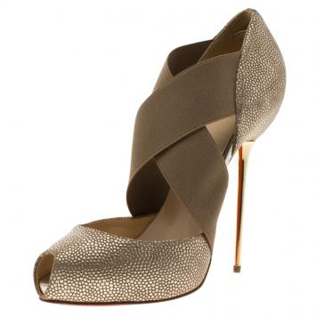 Pre Owned Christian Louboutin Beige Textured Leather Big Dorcet Peep Toe Pumps Size 38