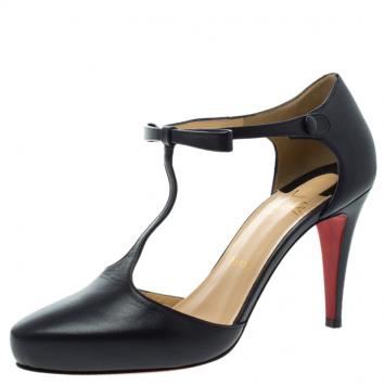 Pre Owned Christian Louboutin Navy Blue Leather Bow Detail T- Strap Pumps Size 39