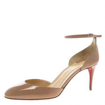 Pre Owned Christian Louboutin Beige Patent Leather Rounditwo Ankle Strap Pumps Size 40.5
