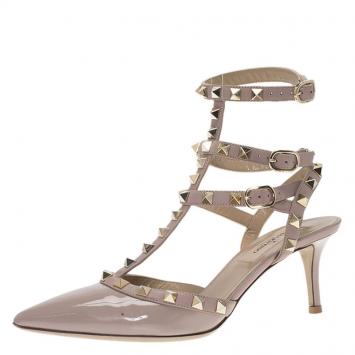 Pre Owned Valentino Beige Patent Rockstud Ankle Strap Sandals Size 36.5