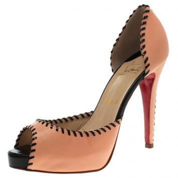 Pre Owned Christian Louboutin Blush Pink Leather Whipstitch Detail Peep Toe D'Orsay Pumps Size 38.5