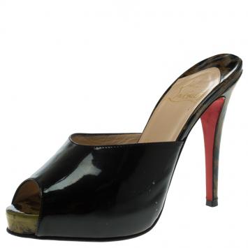 Pre Owned Christian Louboutin Black Leopard Print Patent Leather Sabotage Peep Toe Sandals Size 38.5