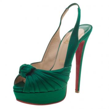 Pre Owned Christian Louboutin Green Satin Jenny Platform Slingback Sandals Size 37