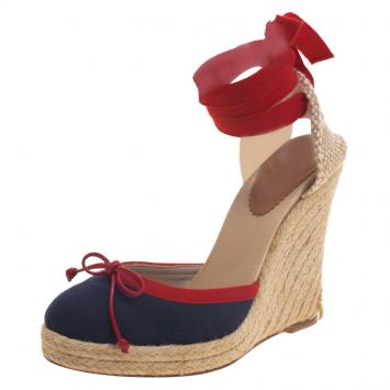 Pre Owned Christian Louboutin Two Tone Canvas Carino Plato Ankle Wrap Espadrille Wedge Sandals Size 38