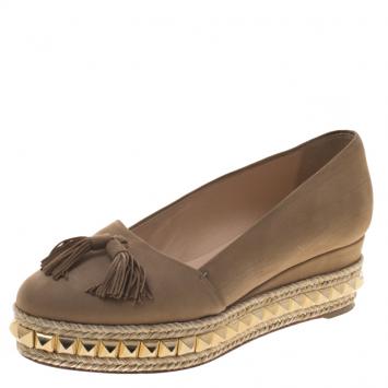 Pre Owned Christian Louboutin Beige Leather Carmel CA Wedge Espadrille Size 36