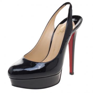 Pre Owned Christian Louboutin Black Patent Leather Bianca Platform Slingback Sandals Size 36